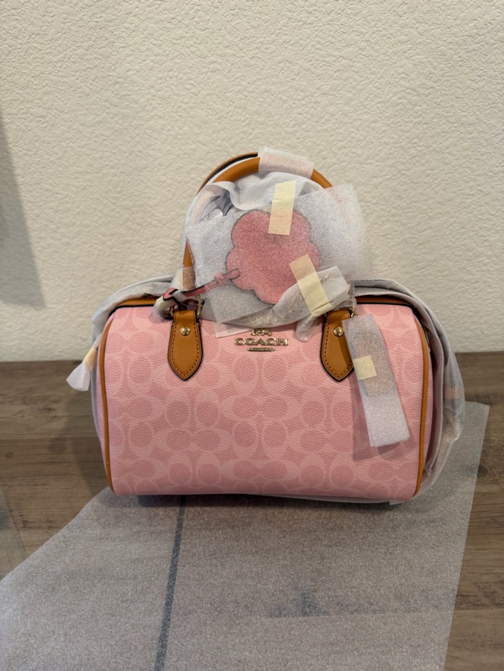 Coach Powder Pink Rowan Satchel Bag In Signature Canvas With Charms